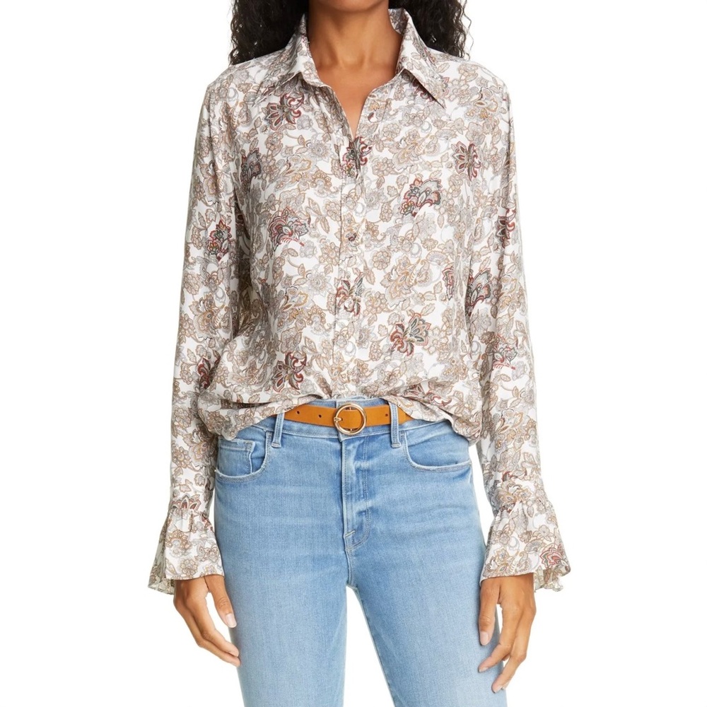 FRAME Silk 70s Ruffle Silk Top Off White Multi Paisley Size Small